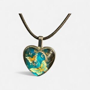 Heart-Shaped Blue and Yellow Butterfly Pendant Necklace
